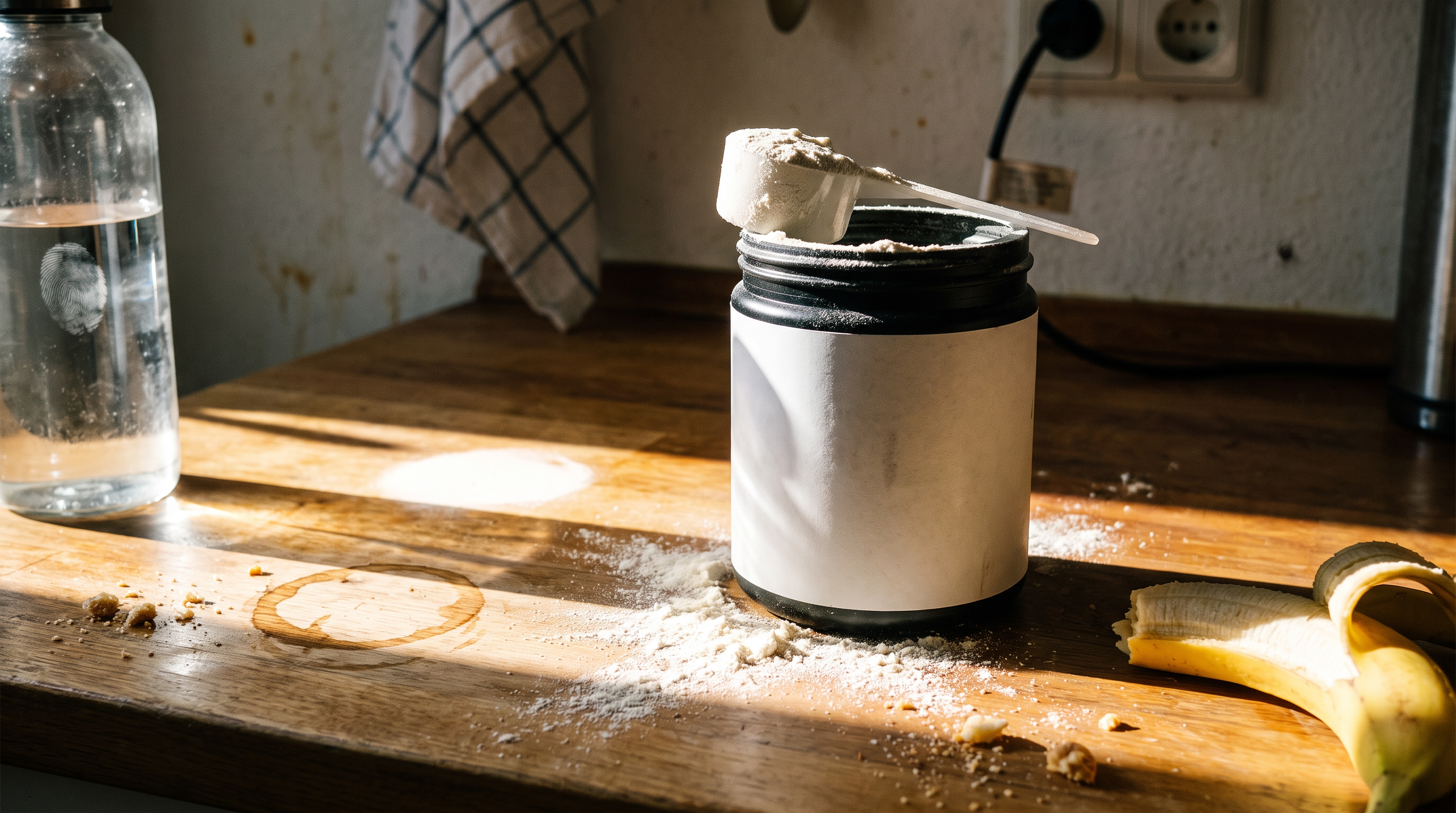Pote de whey aberto com colher suja de proteína em pó sobre bancada de cozinha com migalhas e banana pela metade ao lado