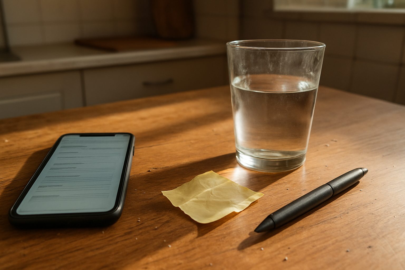Celular com tela de questionário de check-in semanal aberto, parcialmente cortado pela borda, sobre mesa com copo d'água com marca de dedo e papel amassado ao lado