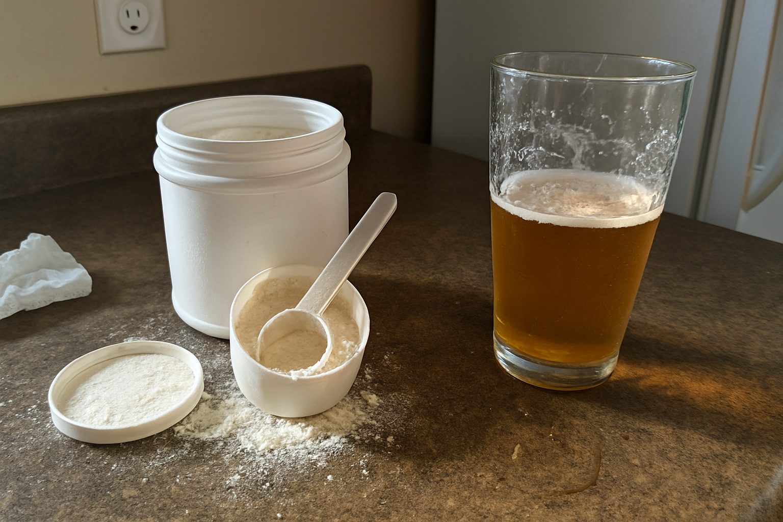 Pote de suplemento proteico aberto com colher dentro, ao lado de um copo de cerveja pela metade sobre balcão de cozinha com gotas de líquido espalhadas