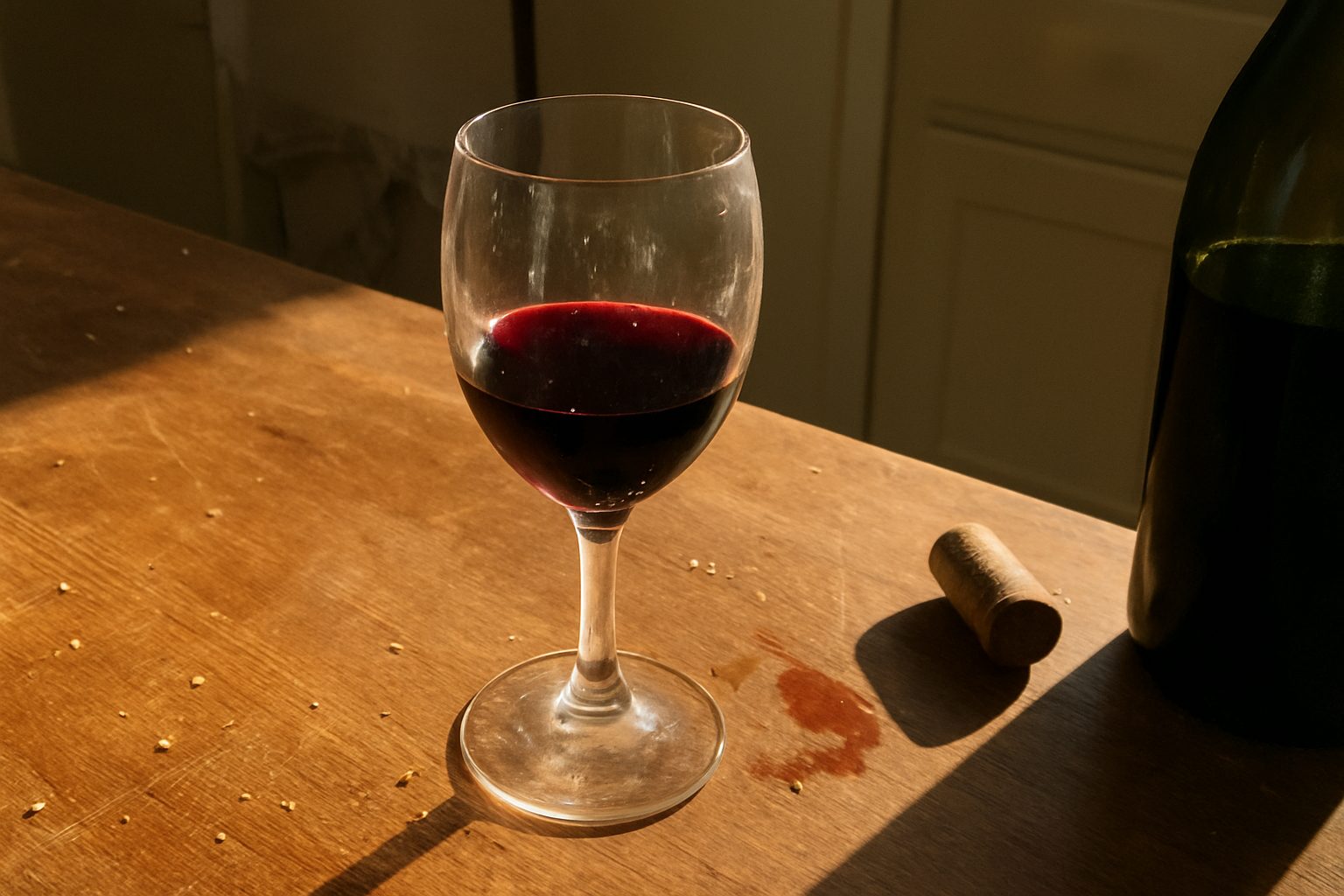 Copo de vinho tinto pela metade, com marca de dedos no vidro, sobre mesa de madeira riscada com migalhas e uma garrafa destampada parcialmente cortada pela borda direita da foto, em cozinha doméstica com luz dura de janela e sombra forte de um lado