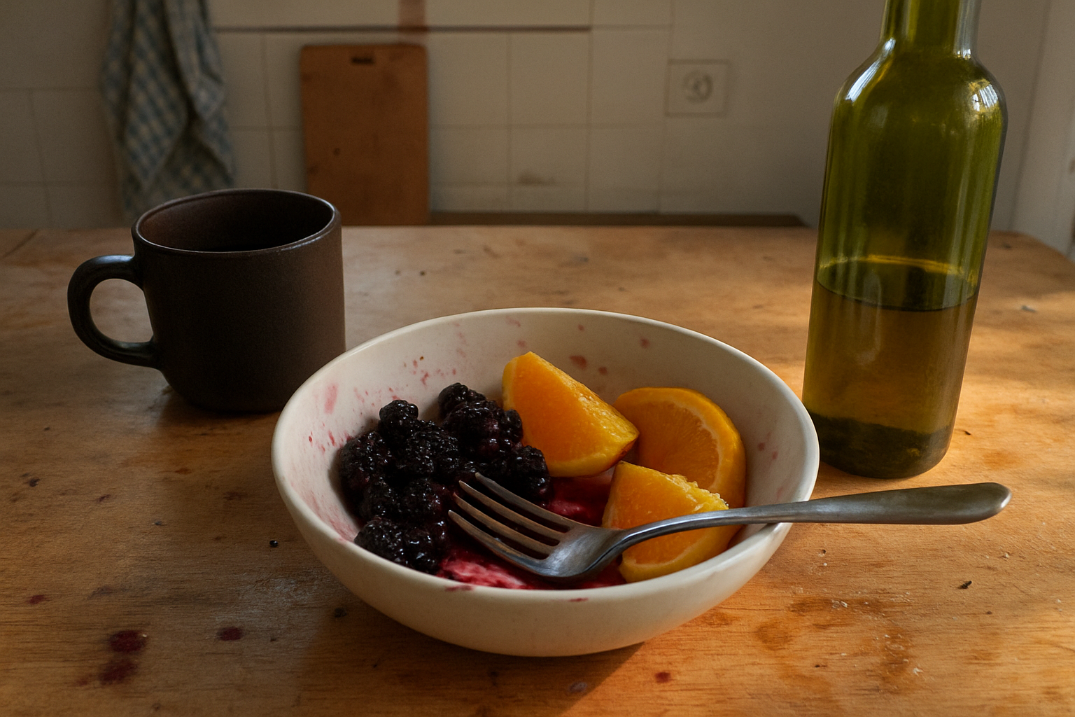 Tigela pela metade com frutas vermelhas e laranja fatiada, garfo apoiado dentro com manchas de suco, garrafa de azeite com borda escorrida saindo do quadro