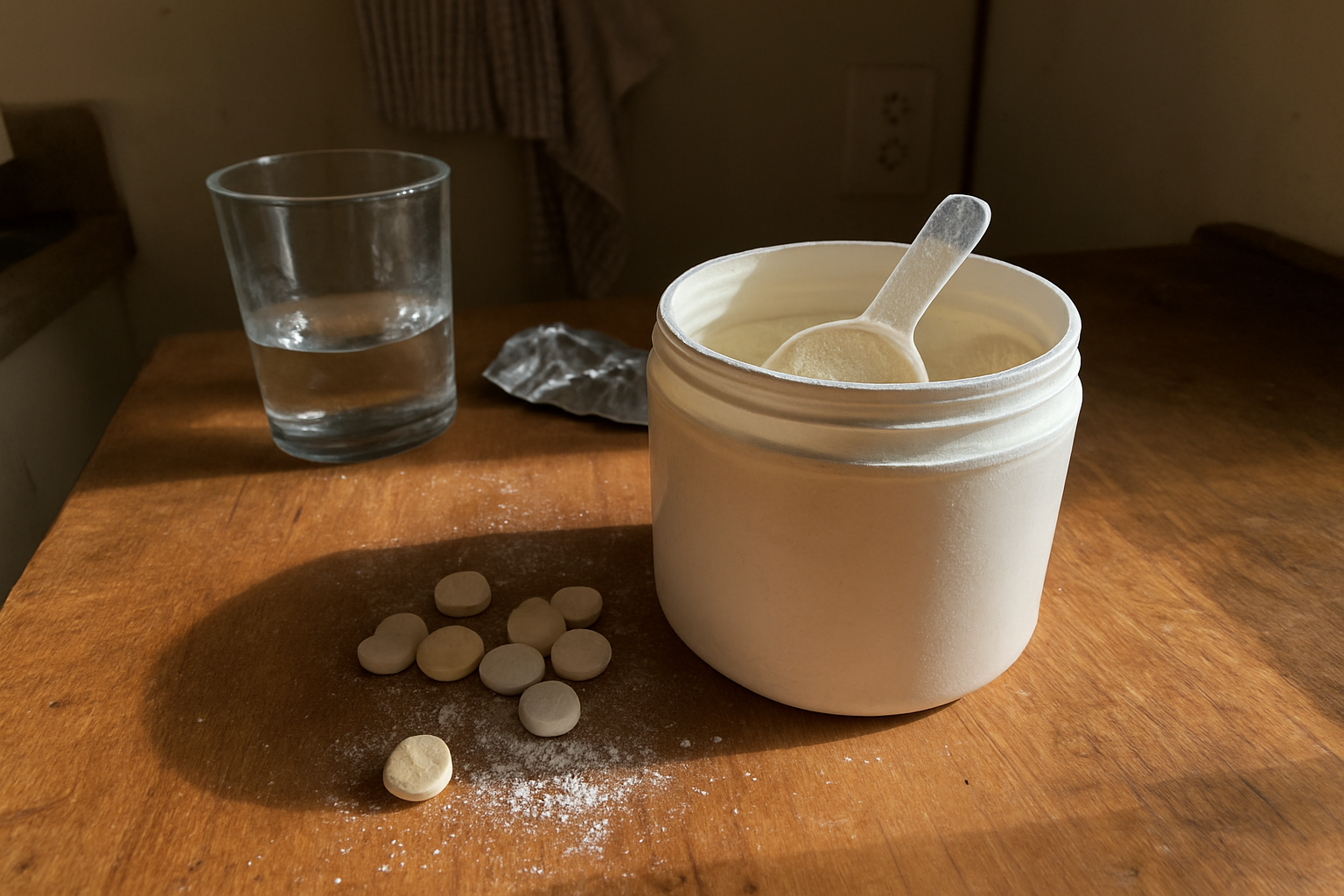 Pote aberto de vitamina C com colher suja de pó branco sobre bancada de madeira gasta, comprimidos espalhados e embalagem amassada ao lado