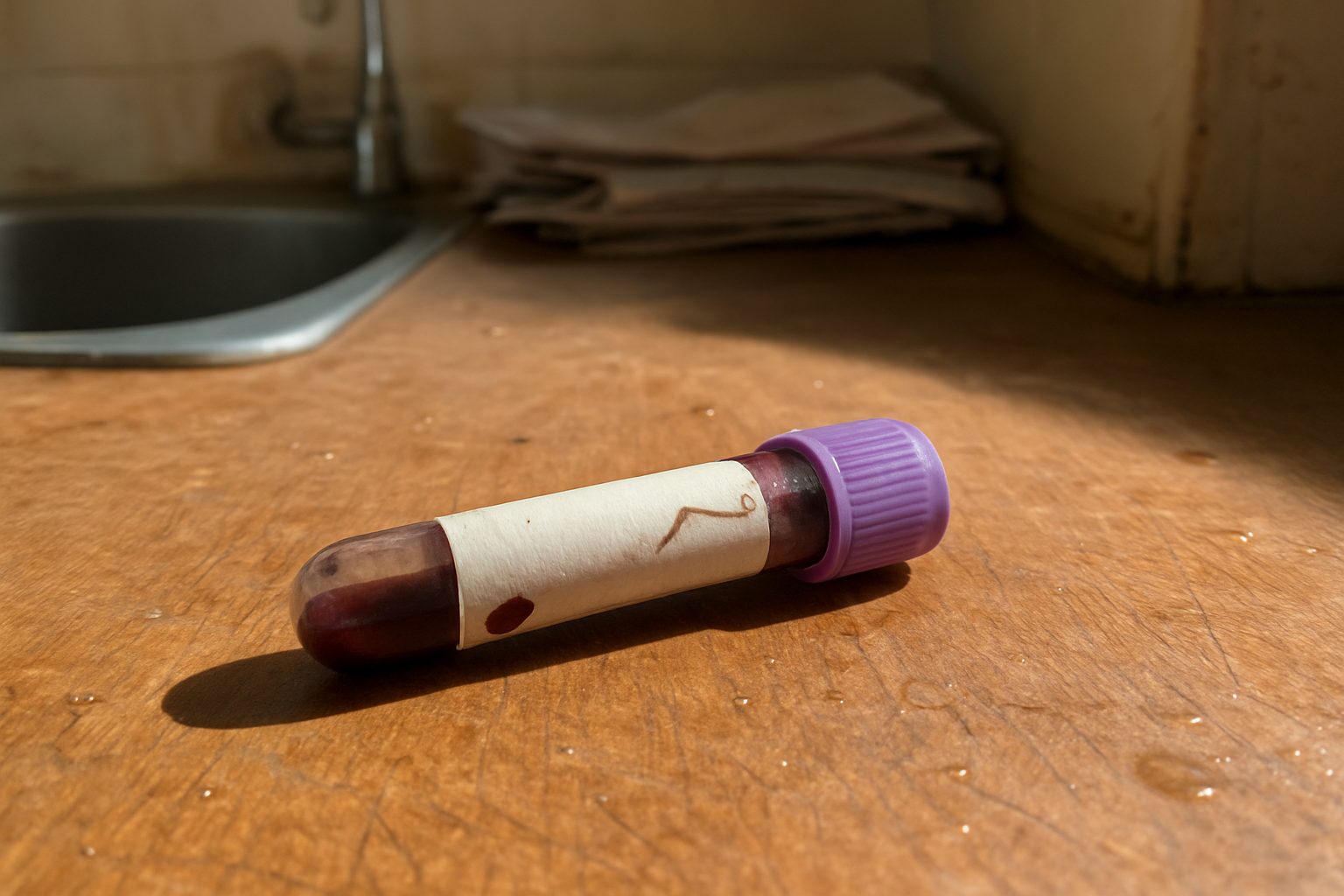 Frasco de exame de sangue com tampa roxa apoiado de lado sobre superfície de madeira riscada, com etiqueta parcialmente descascada e gota de líquido seca na lateral