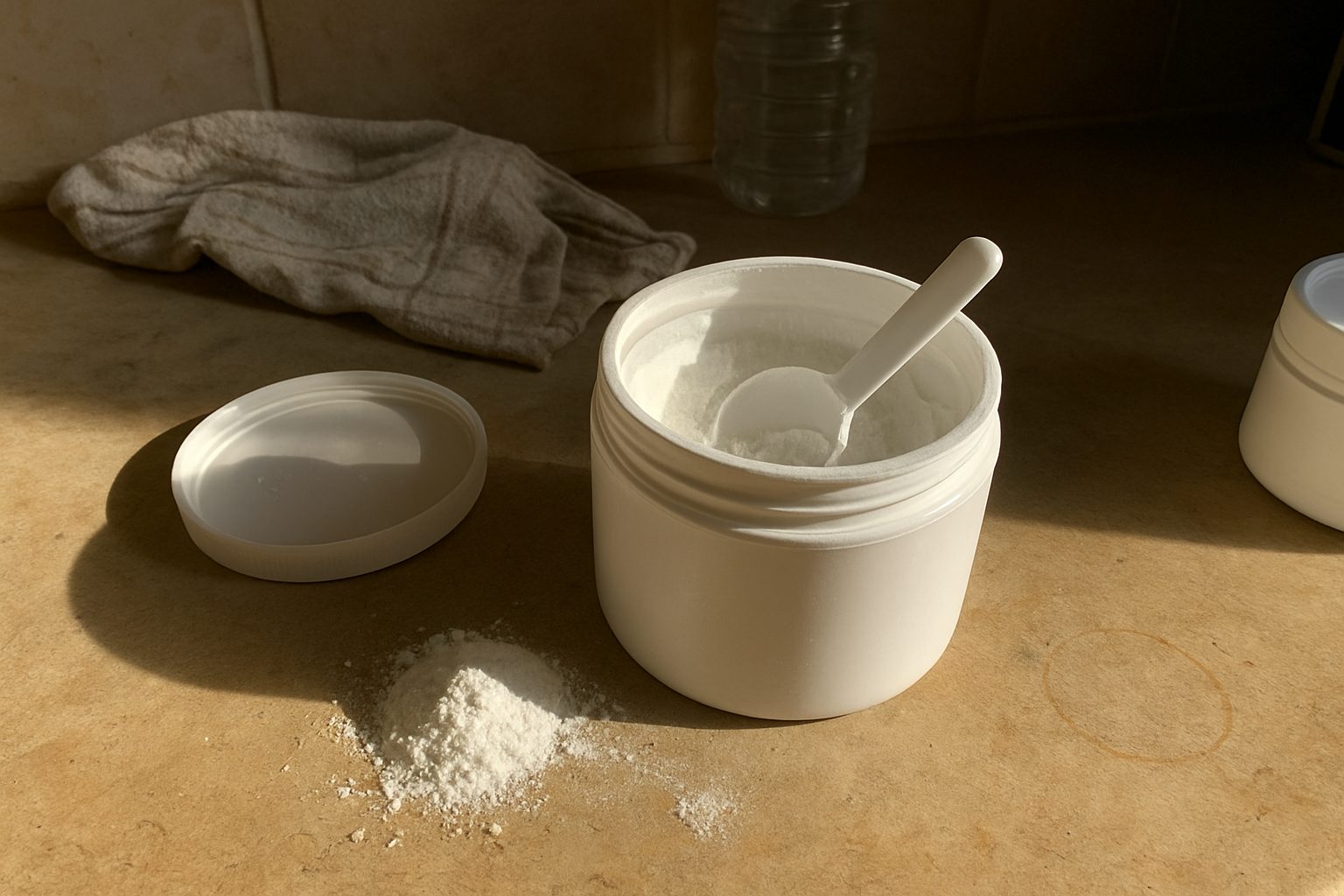 Pote aberto de citrulina malato com pó espalhado na bancada da cozinha e colher suja ao lado