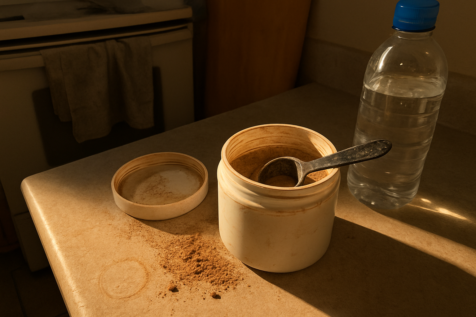 Pote aberto de ashwagandha em pó com colher suja apoiada na borda, sobre bancada de cozinha com migalhas e uma garrafa d'água pela metade cortada pela borda direita do quadro