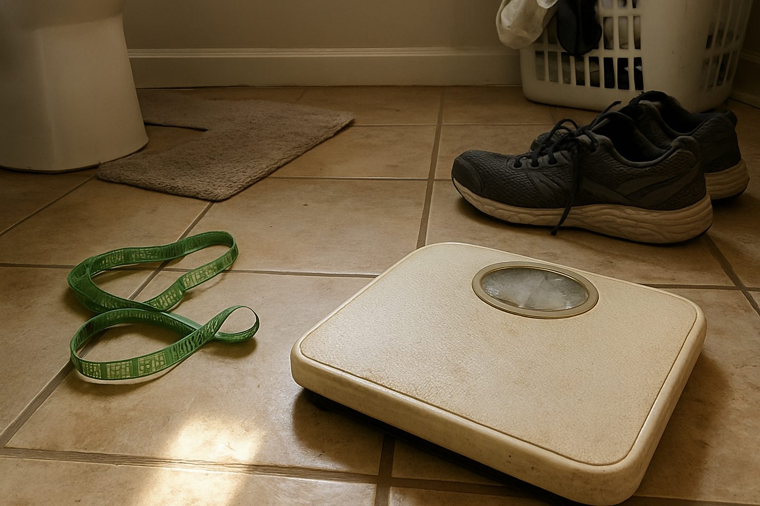 Balança de banheiro usada no chão do banheiro, com uma fita métrica largada ao lado e um tênis de corrida tirado no canto