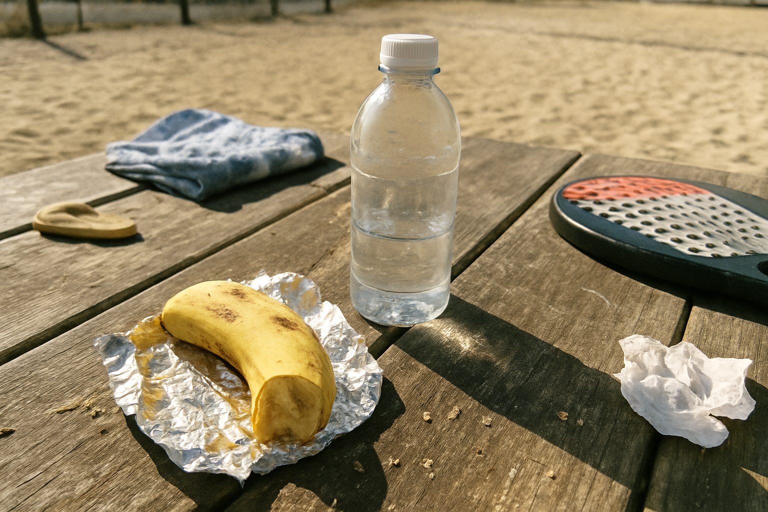 Garrafa d'água com marca de dedo e uma banana pela metade apoiada sobre bancada de madeira suja de migalhas, com raquete de beach tennis parcialmente cortada na borda direita do quadro