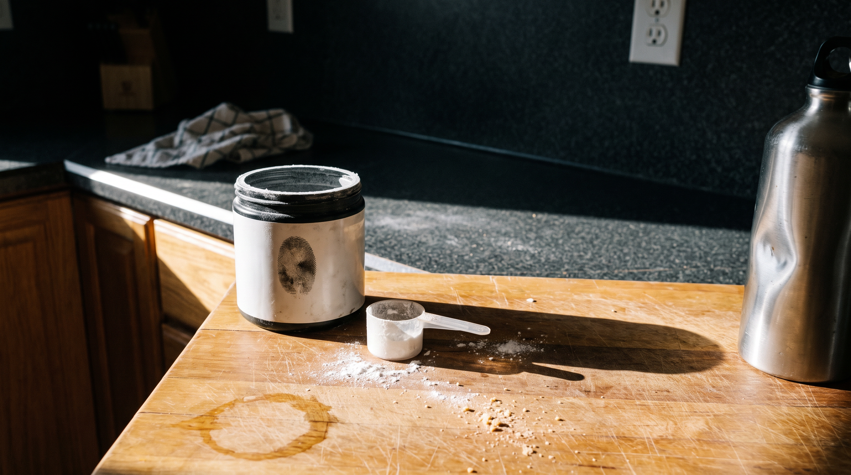 Pote de beta-alanina aberto sobre bancada de cozinha com colher suja de pó branco ao lado, marca de dedo no pote e migalhas espalhadas ao redor