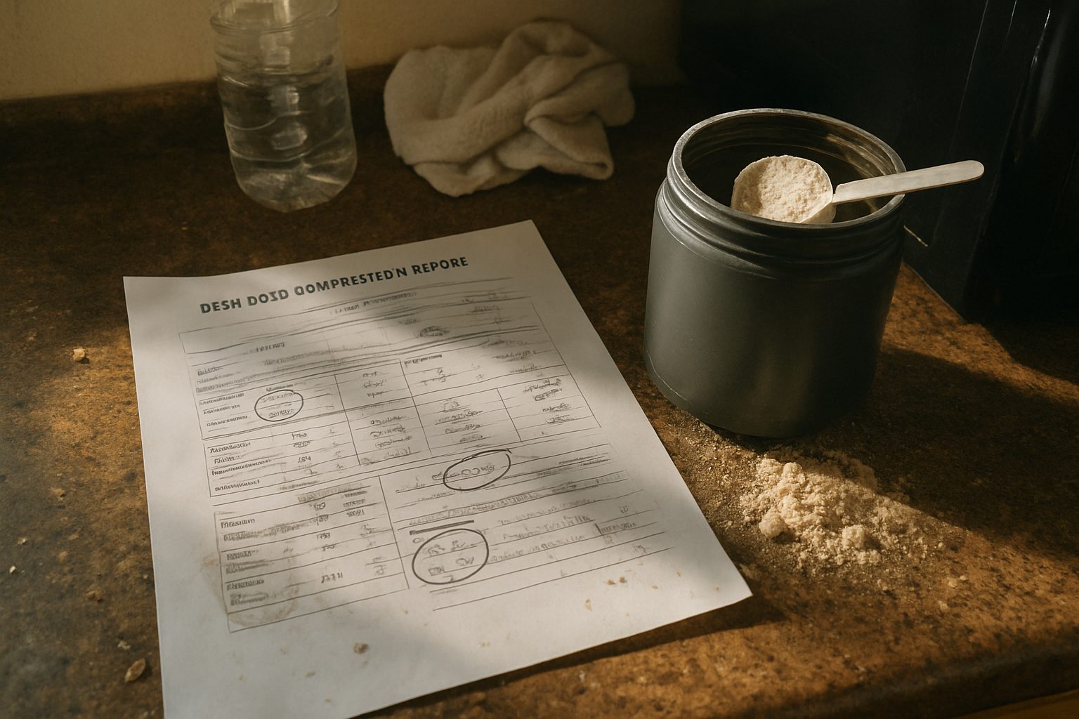 Pote de proteína aberto com colher suja dentro, ao lado de uma folha de papel com anotações manuscritas de percentual de gordura e massa magra, sobre bancada de cozinha com migalhas e marca de copo