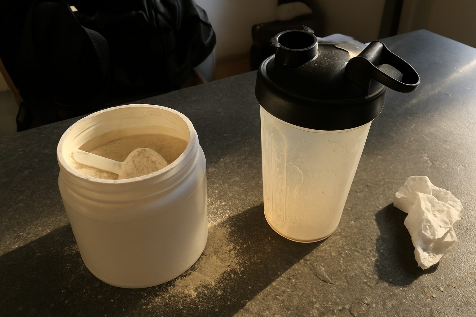 Pote aberto de whey protein com medidor sujo de pó ao lado, sobre bancada com respingos de água e uma shaker usada com tampa aberta