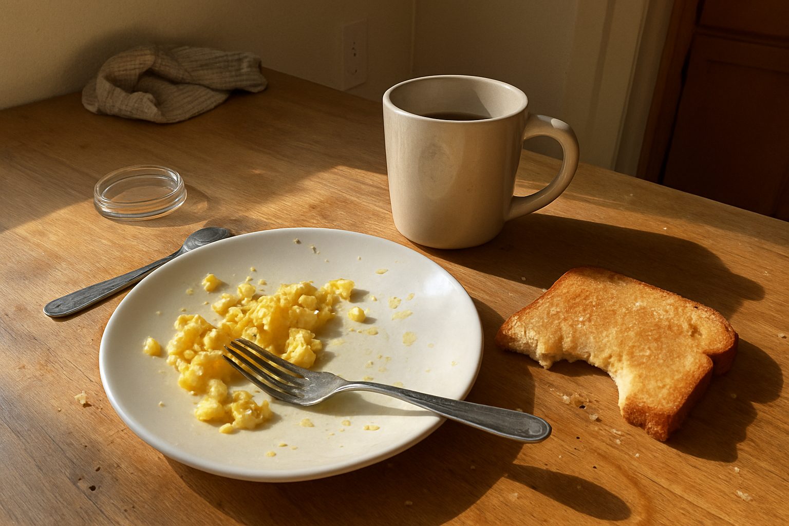 Prato com ovos mexidos pela metade, torrada com mordida dada e xícara de café com marca de dedo sobre mesa de madeira com migalhas espalhadas