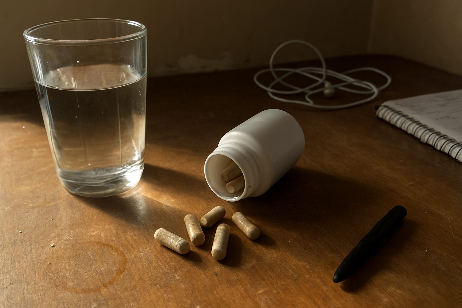 Pote de cafeína em cápsulas aberto sobre mesa com uma cápsula caída ao lado e um copo d'água com gota escorrendo, fundo desfocado com parede com descascado