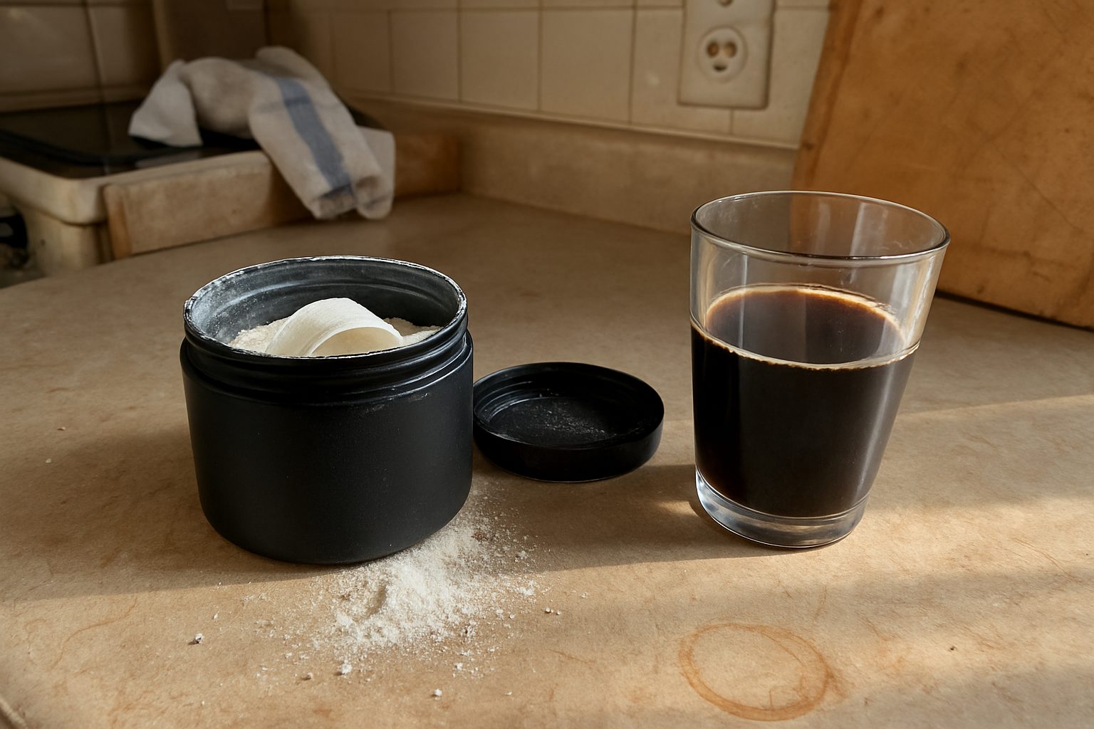 Pote de pré-treino aberto com colher cheia de pó sobre bancada de cozinha, copo de café pela metade ao lado, luz dura de janela iluminando um lado e sombra no outro