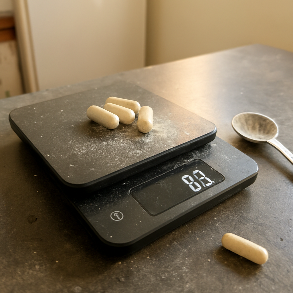 Cápsulas de cafeína espalhadas sobre uma pequena balança de precisão numa bancada de cozinha, com o visor da balança aceso e uma colher usada ao lado.