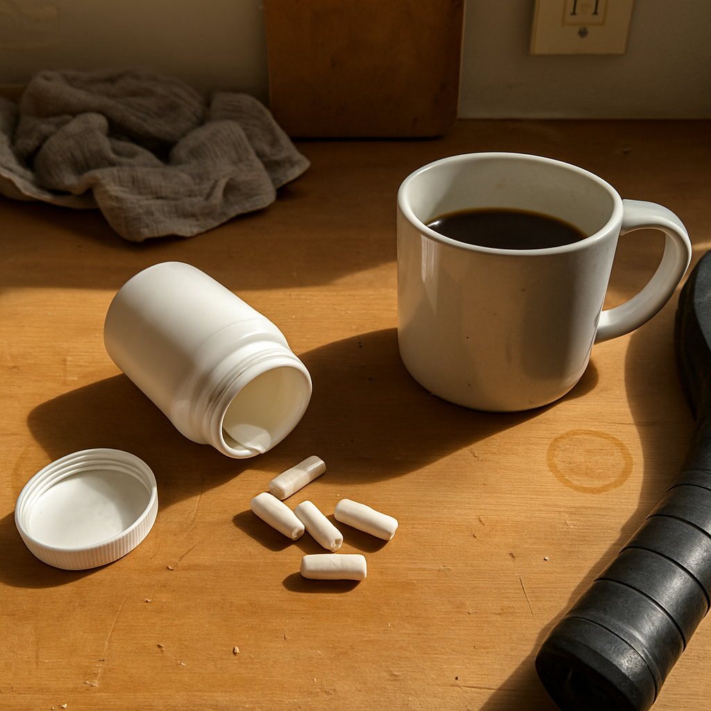 Pote aberto de cápsulas de cafeína ao lado de uma xícara de café coado pela metade, com uma raquete de padel saindo do quadro pela borda direita, sobre uma bancada de cozinha com migalhas e marcas de uso.