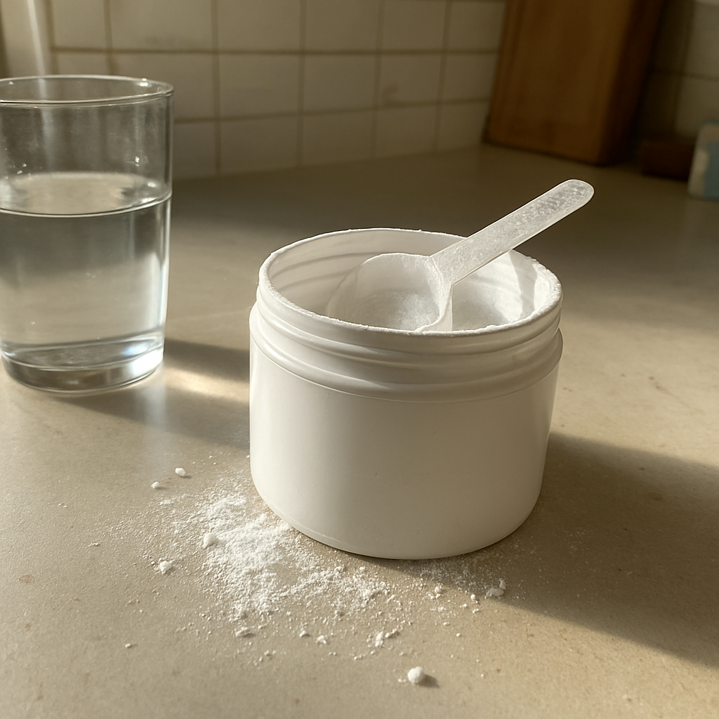 Pote aberto de cafeína em pó anidra sobre bancada de cozinha, com colher medidora suja de pó branco apoiada na borda do pote e copo de água pela metade com marca de dedos.