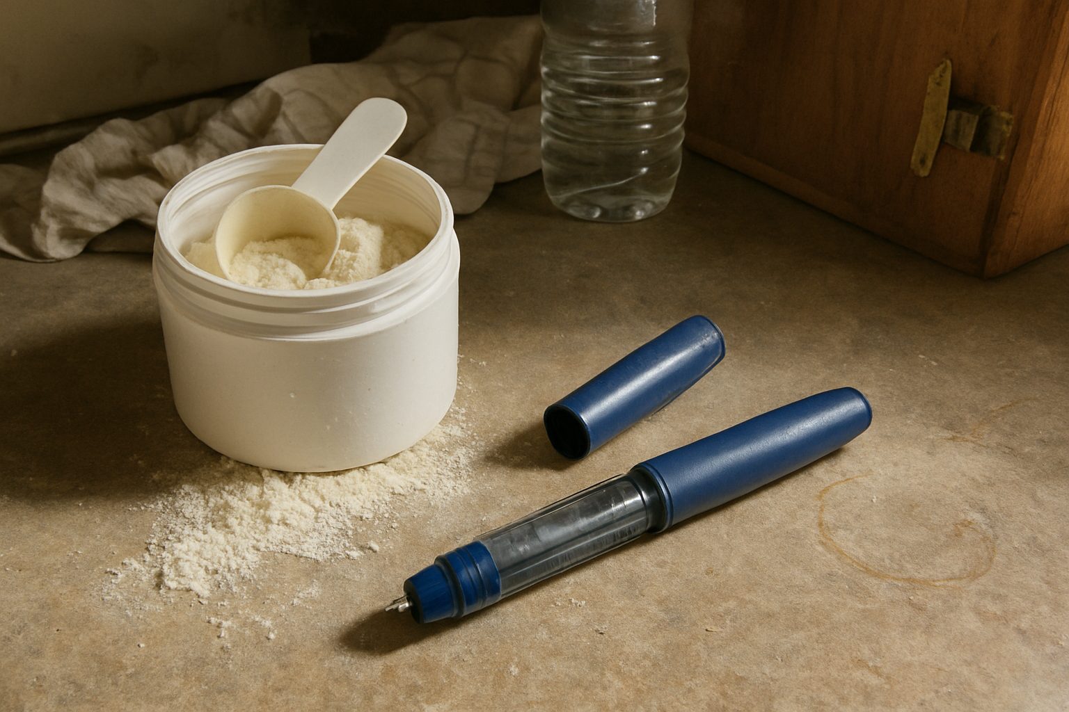 Caneta injetável sobre bancada de cozinha com pote de whey aberto e colher suja ao lado, à luz de janela com sombra dura
