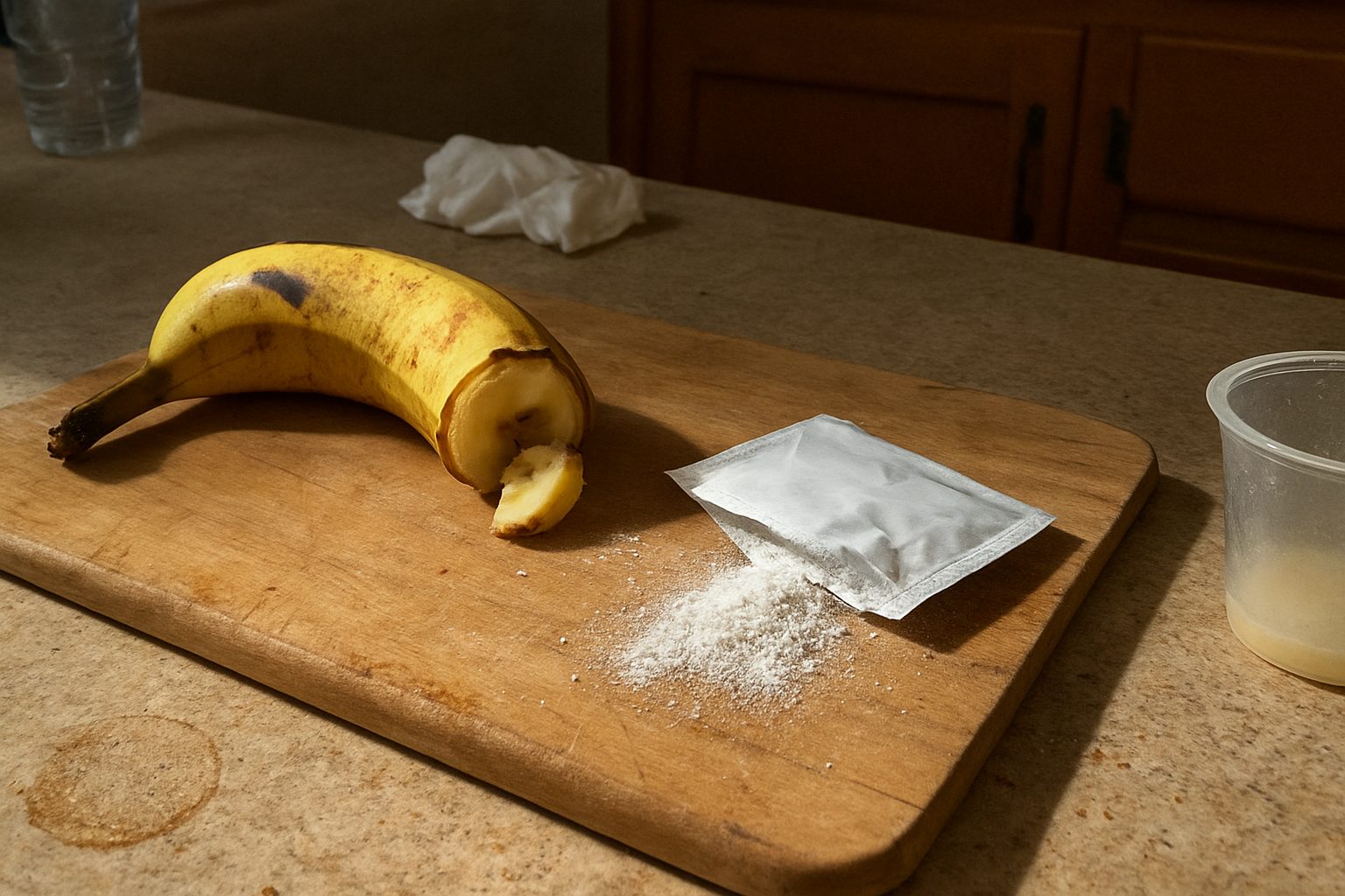 Banana pela metade com a casca ainda parcialmente presa, apoiada sobre uma tábua de madeira manchada ao lado de um sachê de maltodextrina aberto com pó derramado na superfície
