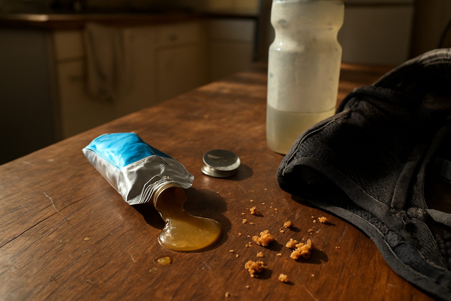 Pote de gel energético aberto com a tampa ao lado, gel escorrendo pela lateral, sobre uma mochila de corrida de trail usada com alça saindo do quadro, migalhas de barra de cereal espalhadas na mesa de madeira arranhada