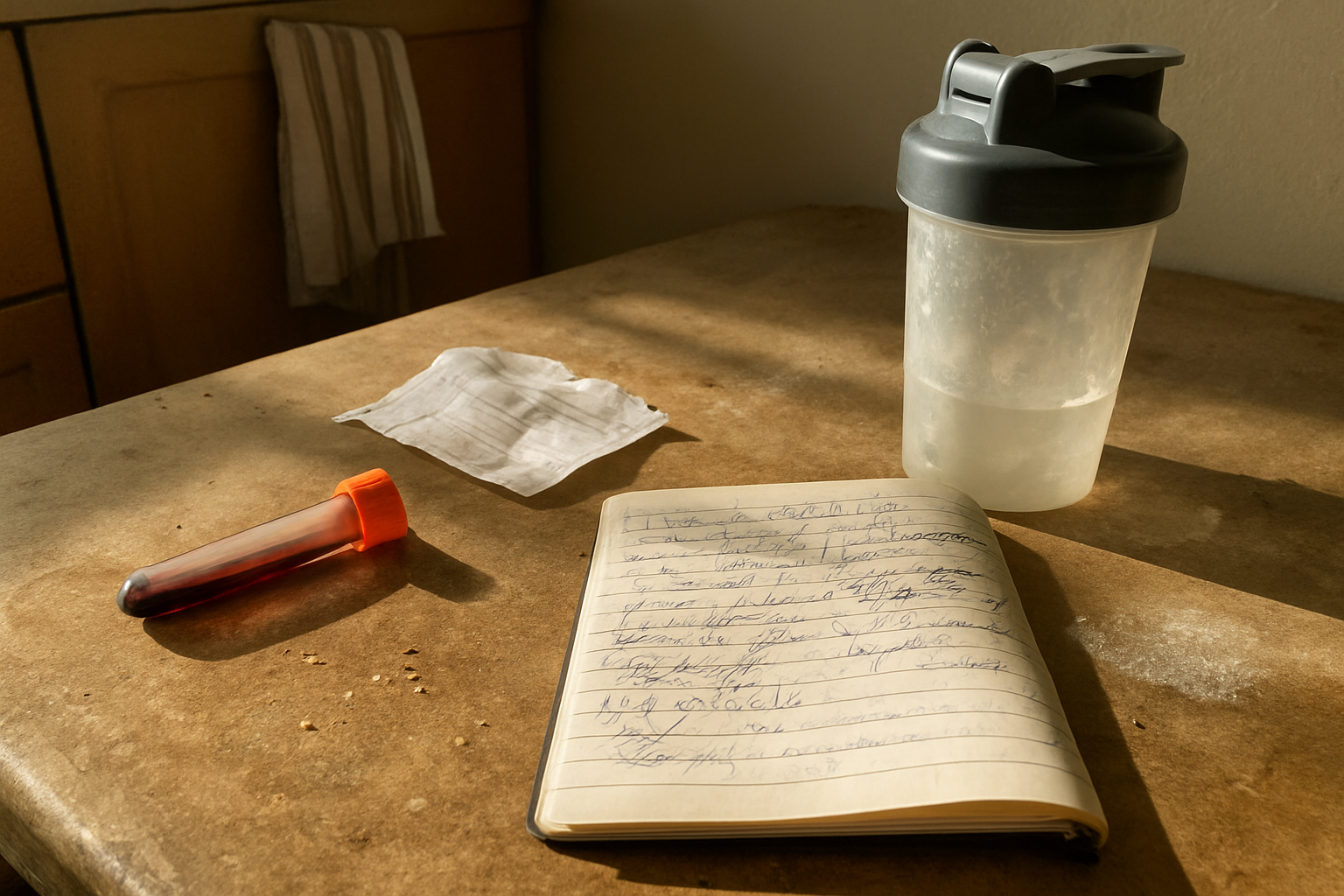 Pote de whey aberto com colher suja de pó ao lado de um caderno de treino rabiscado e um tubo de coleta de sangue laranja em cima de uma bancada de cozinha com migalhas e uma garrafa d'água usada ao fundo