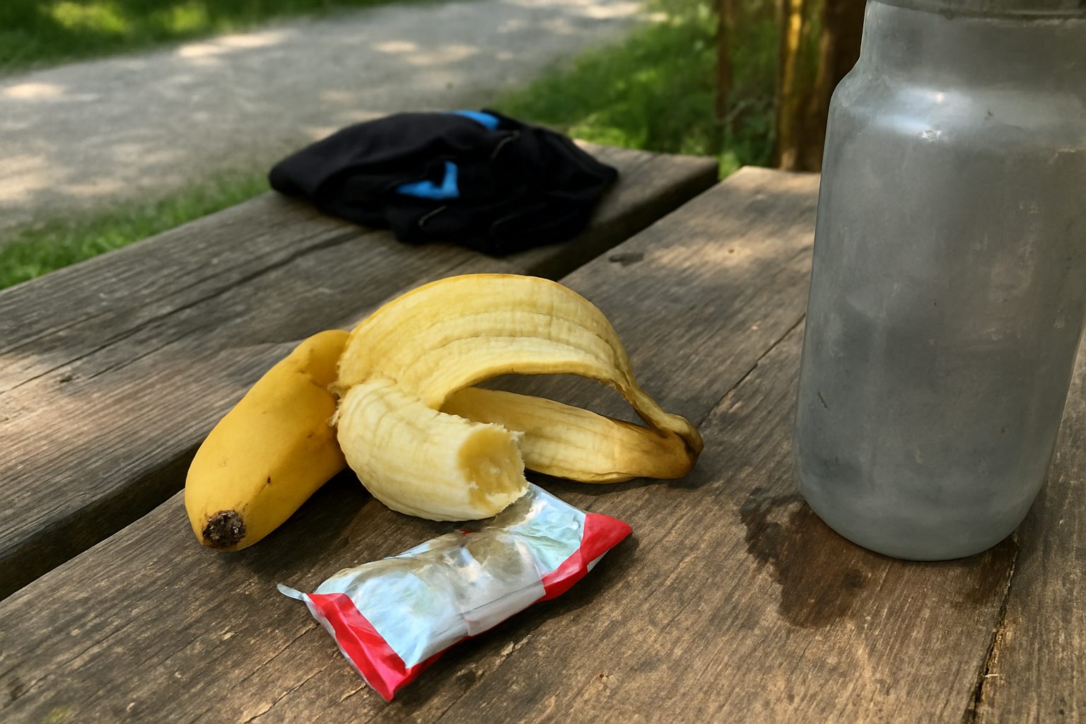 Gel de carboidrato aberto e banana pela metade sobre um banco de madeira gasto, com garrafa de água amassada ao lado e migalhas espalhadas