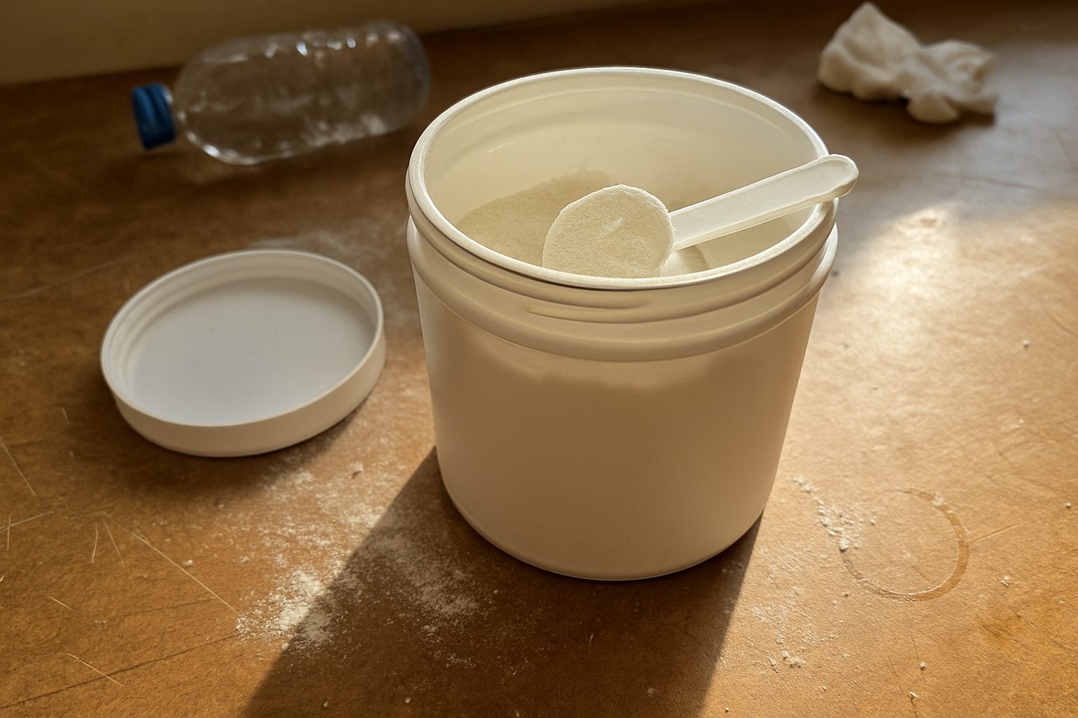 Pote de suplemento de colina aberto com colher de medida suja de pó branco ao lado, sobre bancada com arranhados e uma garrafa d'água com a tampa virada