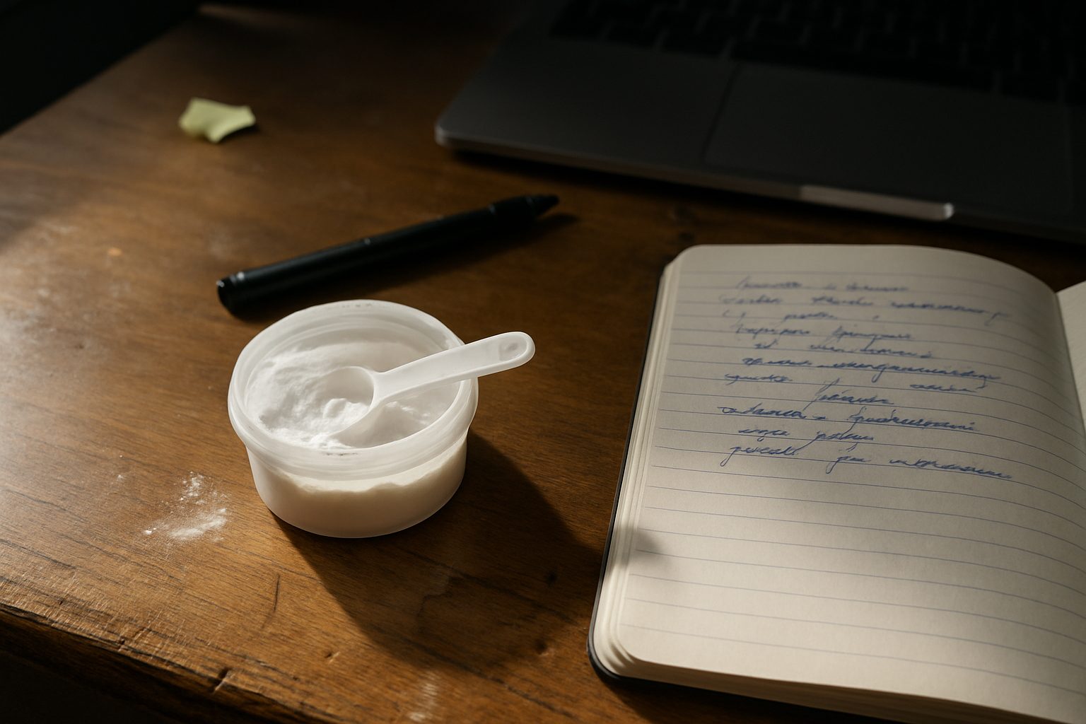 Pote de beta-alanina em pó aberto com colher usada dentro, ao lado de um caderno aberto com anotações à caneta sobre uma mesa de madeira arranhada