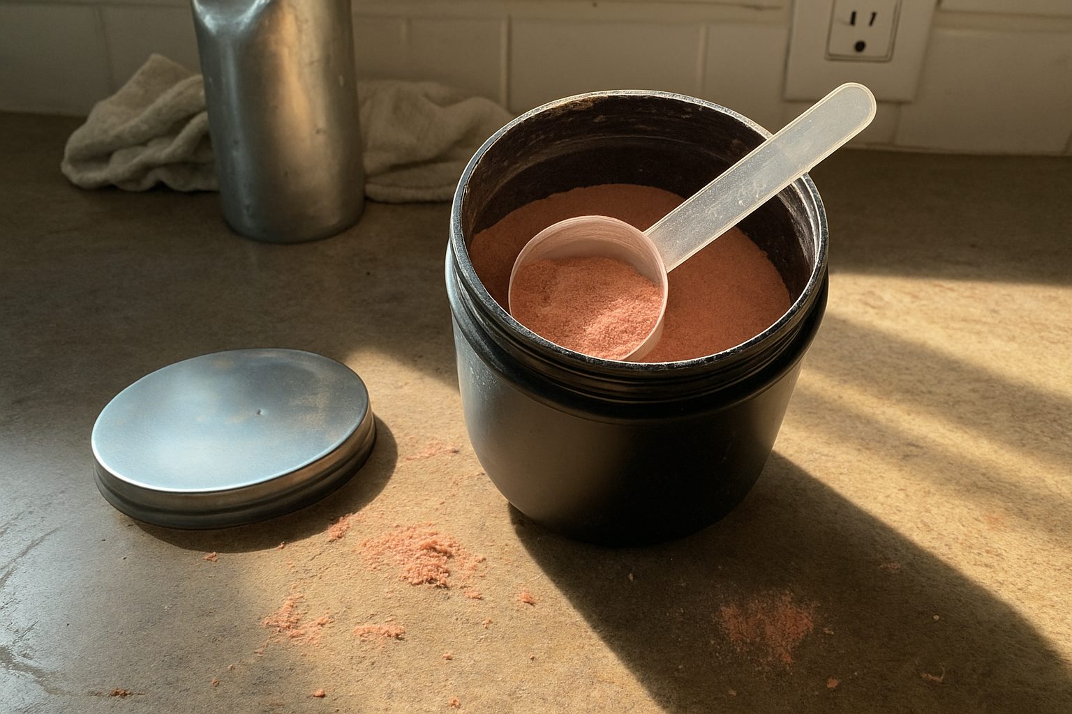 Pote de pré-treino aberto com colher medidora suja de pó colorido apoiada na borda, sobre bancada de cozinha com migalhas espalhadas e uma garrafa d'água ao fundo levemente desfocada
