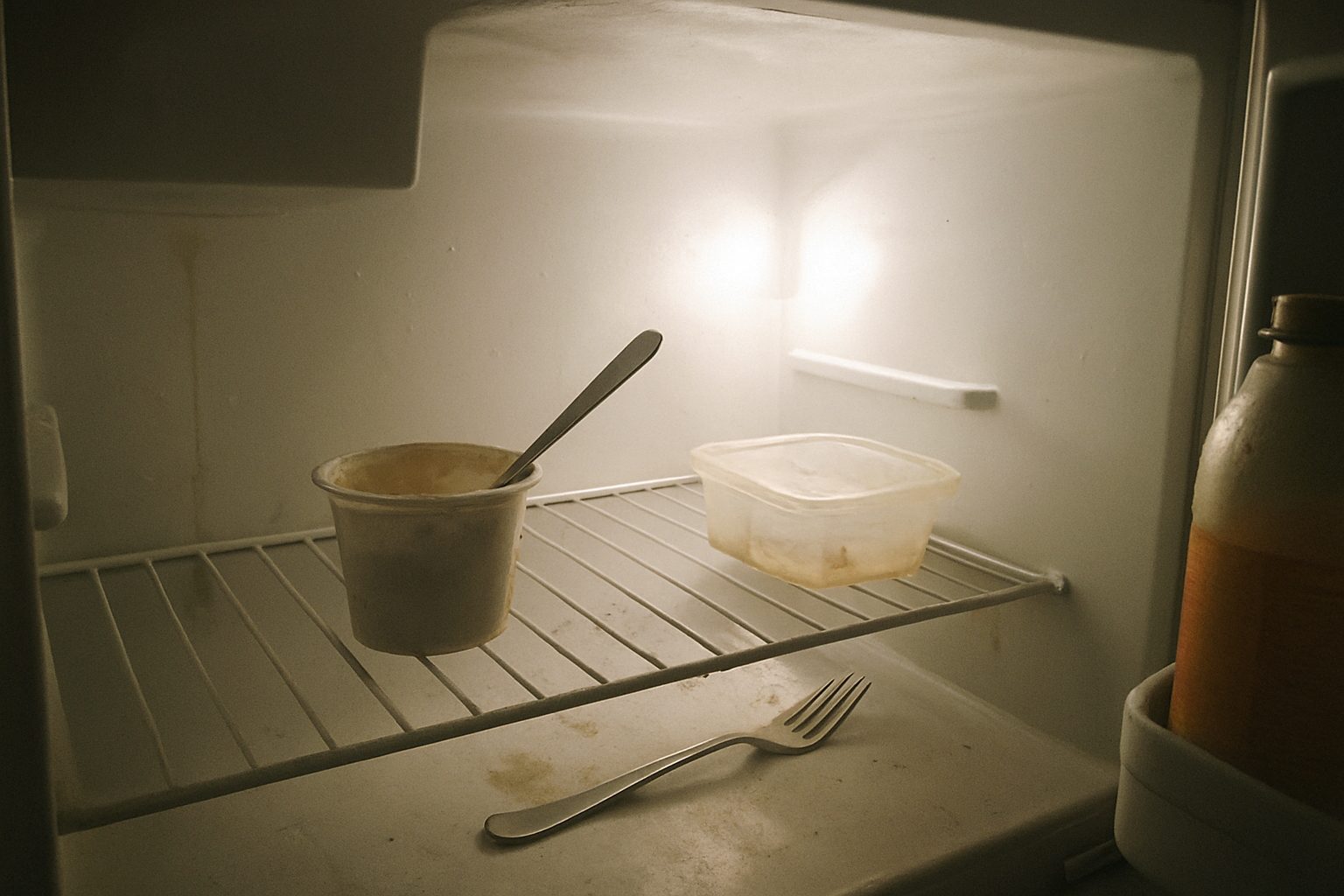 Geladeira aberta à noite com luz interna iluminando prateleira bagunçada, pote de iogurte aberto com colher dentro e frasco de suco pela metade saindo do quadro