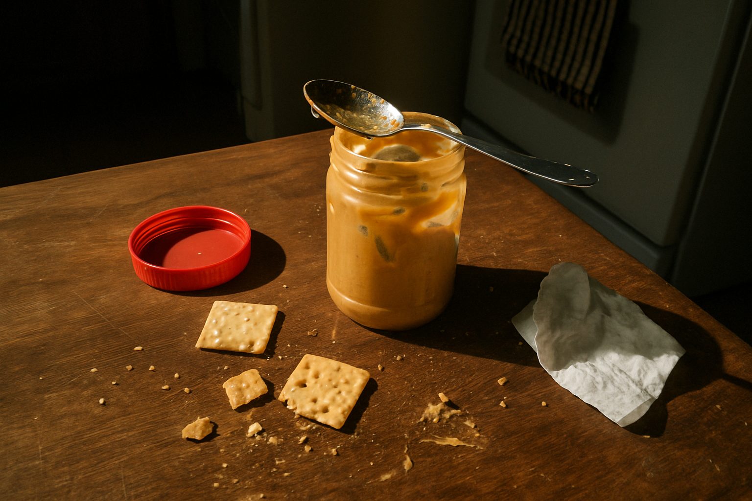 Pote aberto de pasta de amendoim sobre mesa de madeira riscada, com colher usada apoiada na beirada e manchas de pasta ao redor, ao fundo uma embalagem de bolacha aberta saindo do quadro