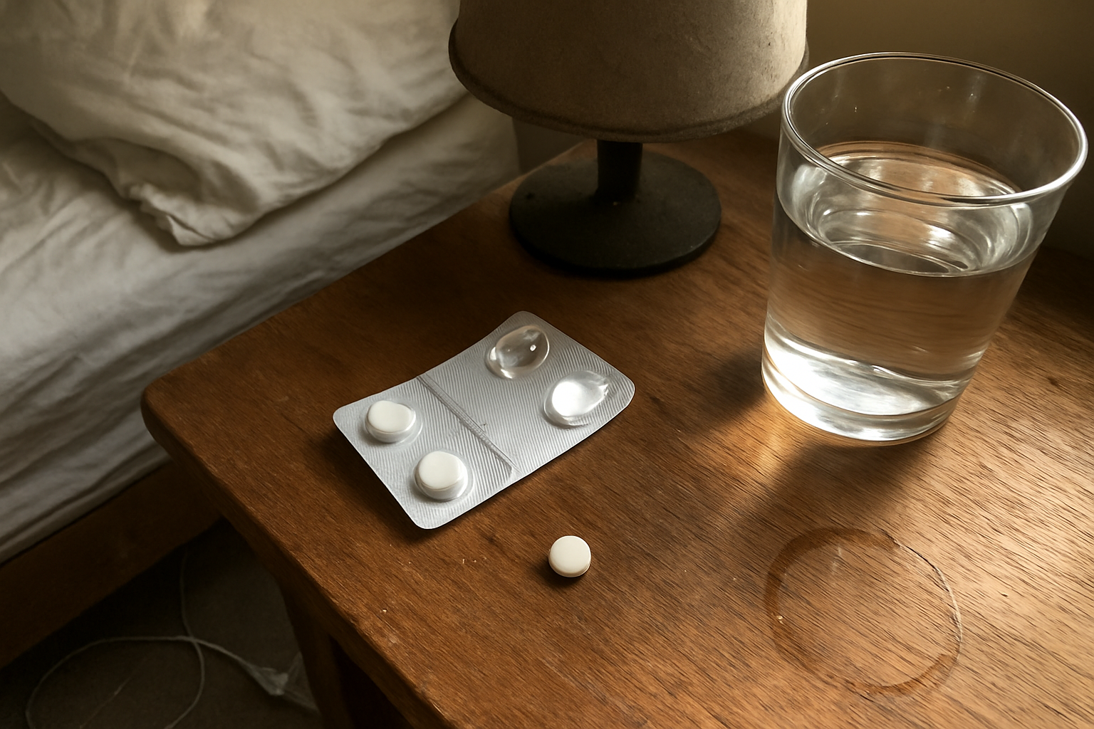 Embalagem aberta de corticosteroide em cartela de comprimidos sobre mesa de madeira com marcas de uso, comprimido avulso ao lado e um copo d'água com borda molhada