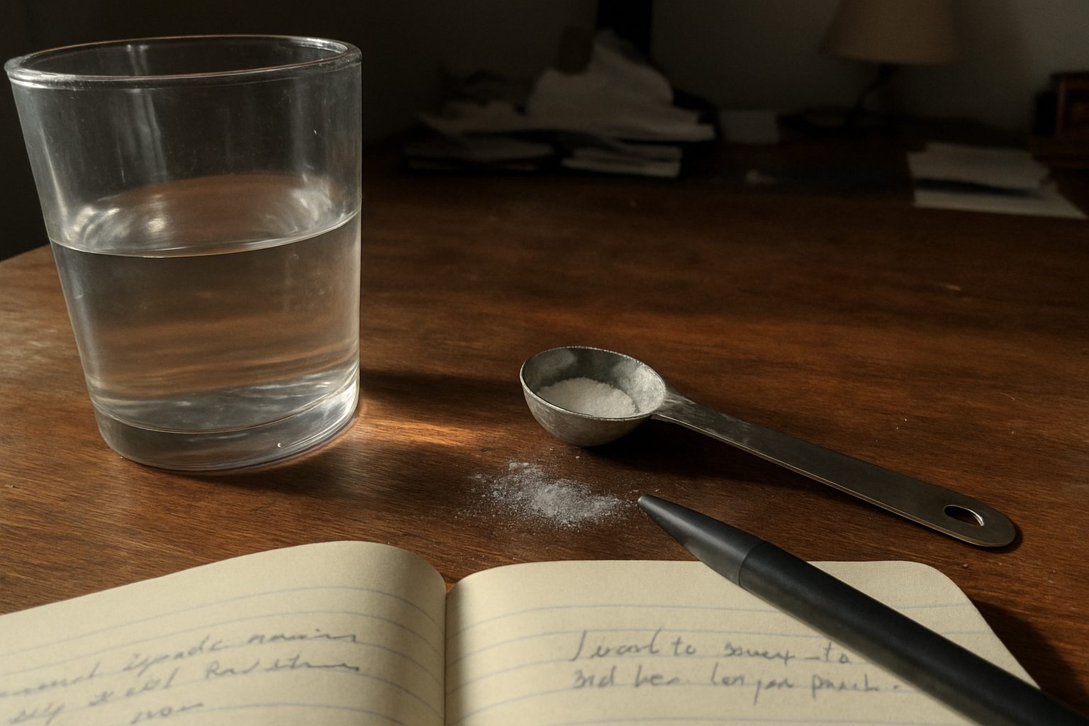 Copo d'água pela metade com colher de creatina ao lado, em mesa bagunçada com caderno aberto e caneta fora do lugar