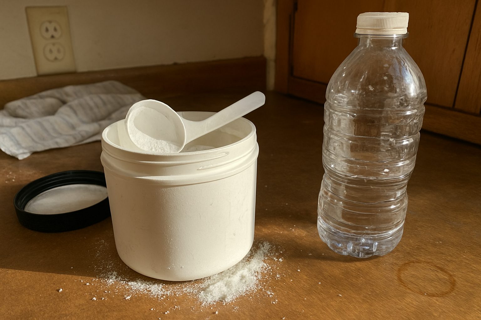 Pote aberto de creatina monoidratada com colher suja de pó branco apoiada na borda, sobre balcão de cozinha com migalhas e uma garrafa d'água com marca de dedo ao lado