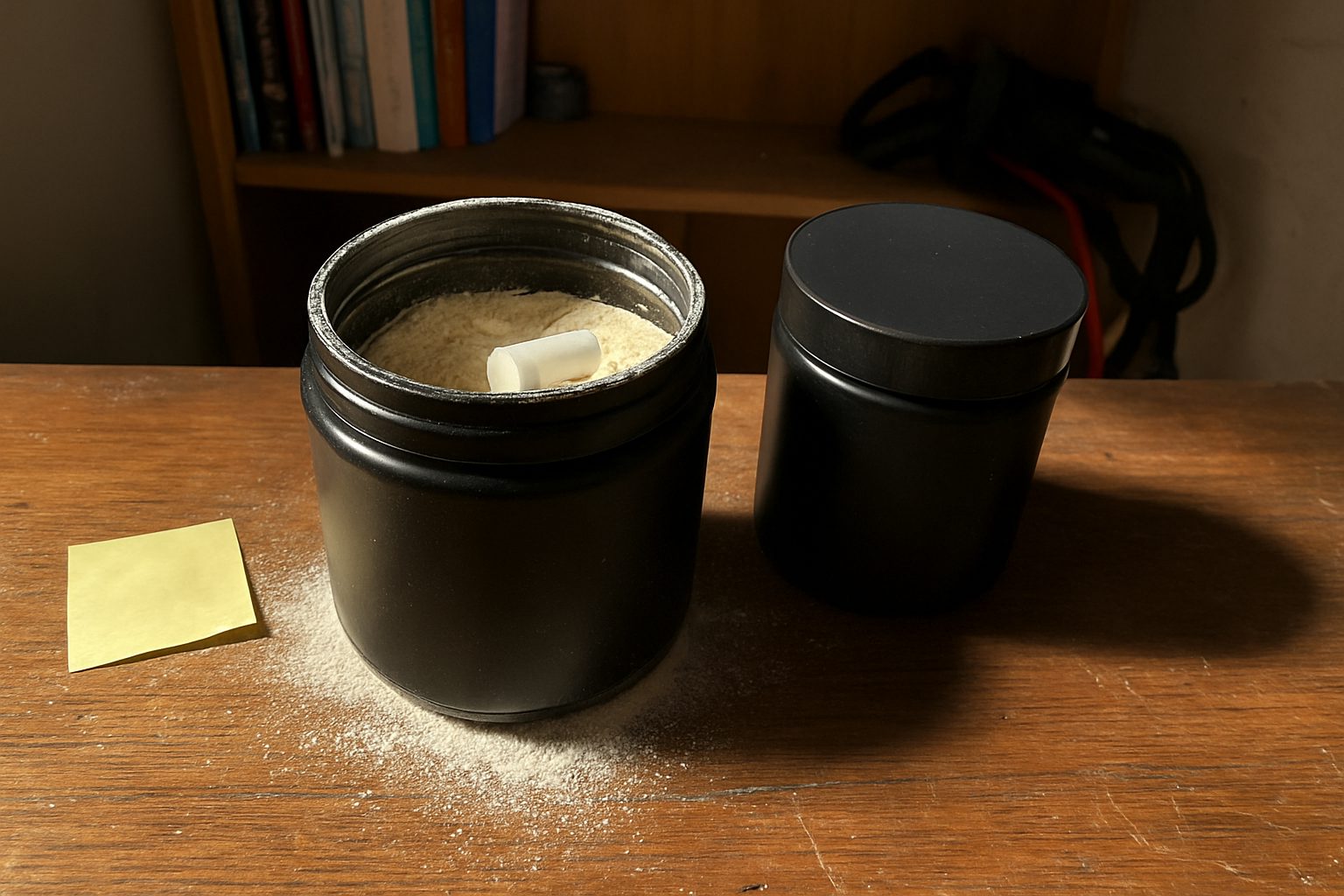 Dois potes de suplemento de creatina, um aberto com colher dentro e pó espalhado ao redor, sobre mesa com fundo desfocado de estante