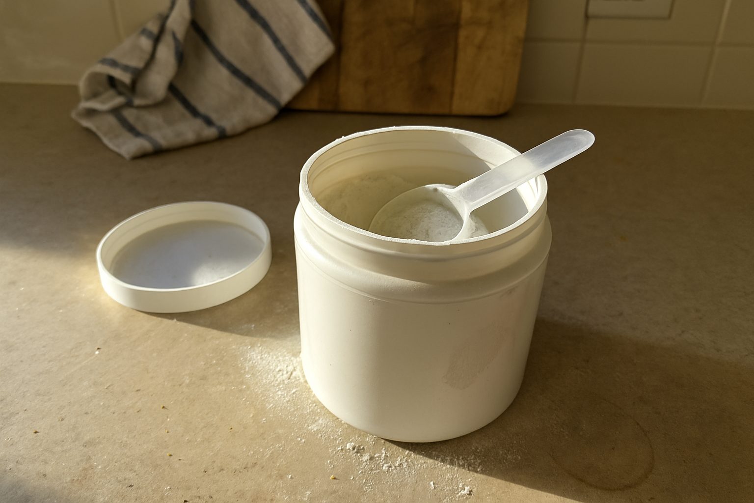 Pote aberto de creatina monohidratada em pó com colher plástica suja de pó branco ao lado, sobre bancada de cozinha com migalhas e garrafa d'água parcialmente cortada pela borda direita