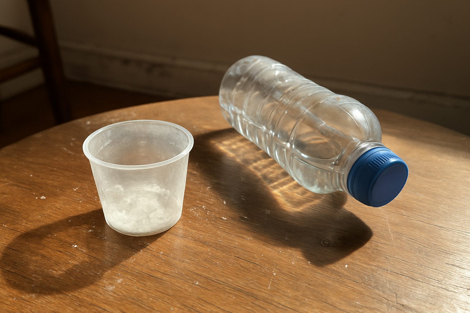 Copo medidor de plástico com pó branco de creatina sobre mesa de madeira arranhada com marcas de uso e garrafa de água inclinada ao lado