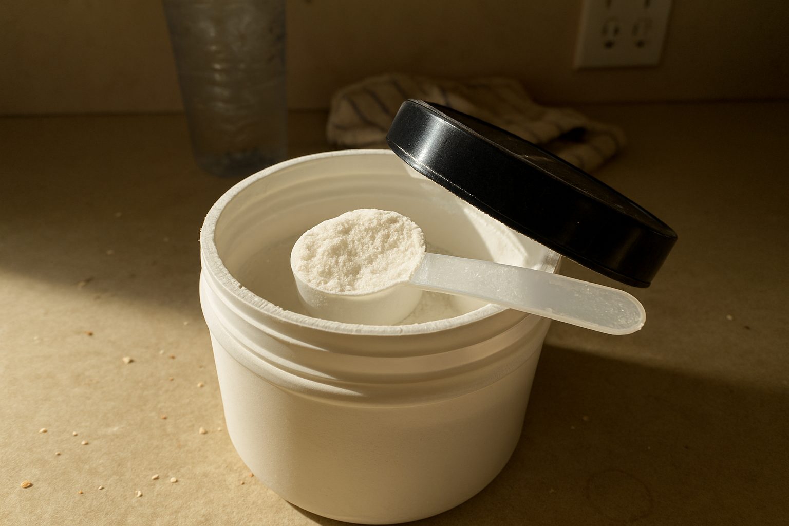Pote de creatina monohidratada aberto com colher suja de pó branco sobre bancada de cozinha com migalhas e garrafa de água parcialmente visível