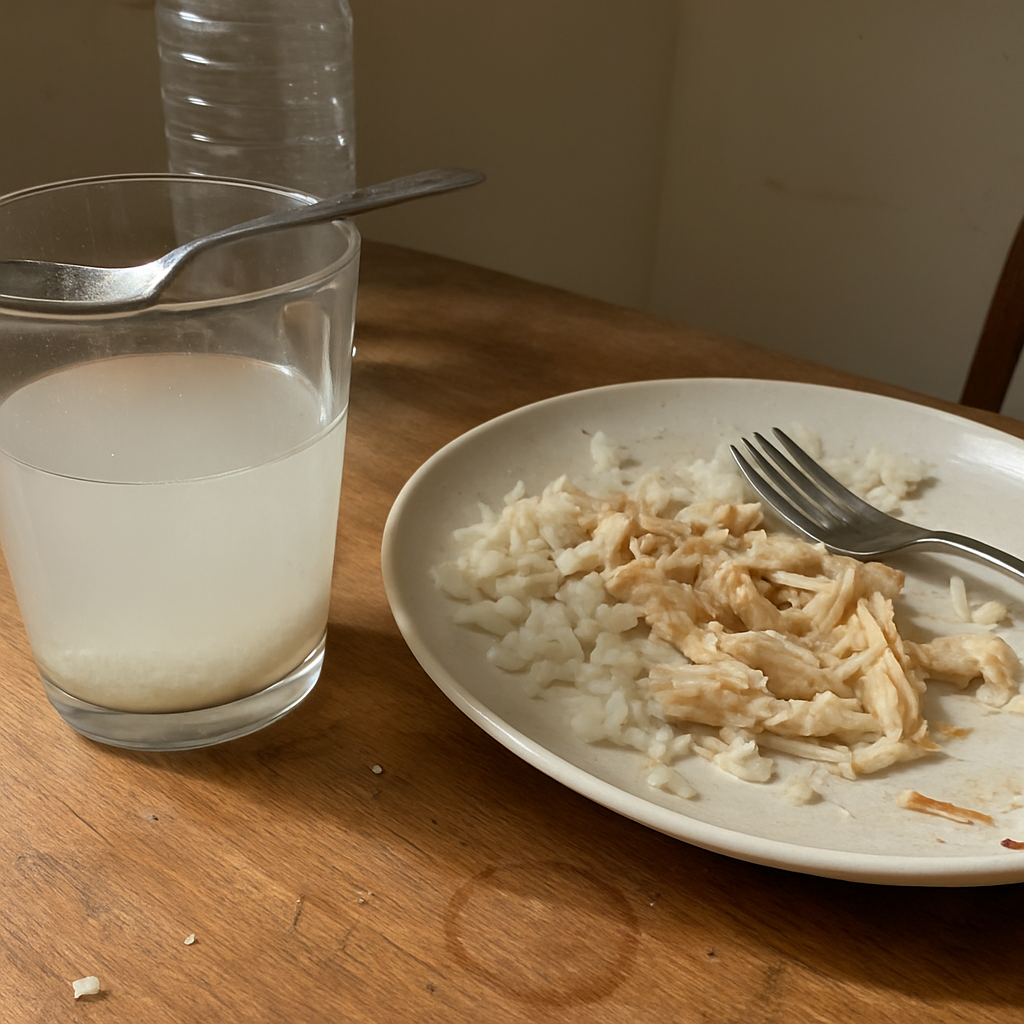 Copo com líquido turvo de creatina parcialmente dissolvida ao lado de prato com arroz e frango em mesa de cozinha com migalhas