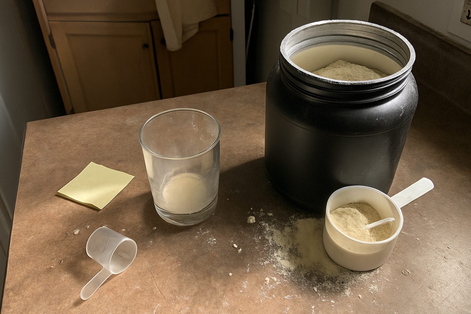 Pote de proteína em pó aberto com colher suja ao lado, sobre uma bancada de cozinha com migalhas e uma garrafa de água com marca de dedo