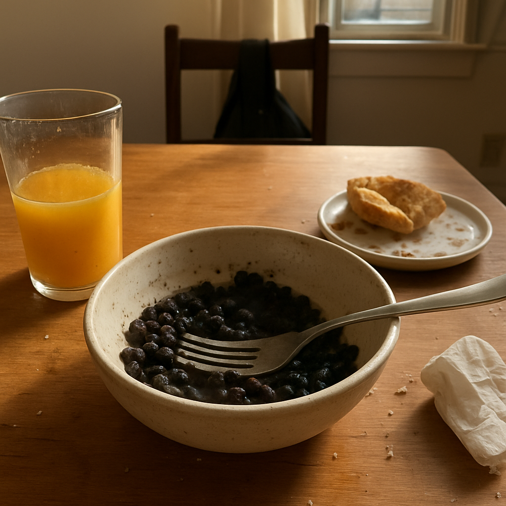 Prato com feijão e folhas escuras quase acabado, copo de suco de laranja com marca de dedo e algumas gotas escorrendo pelo vidro, tudo sobre mesa com migalhas e manchas