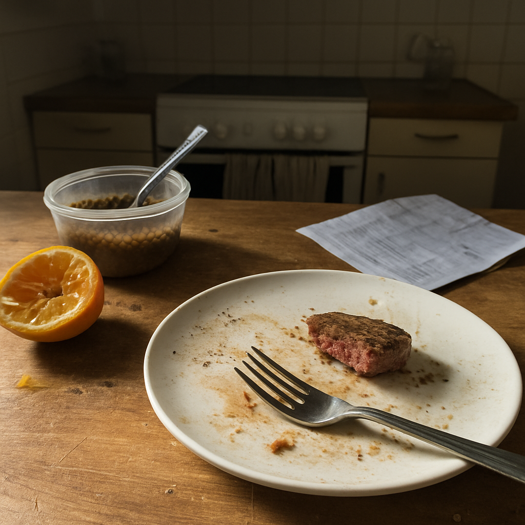 Pote de lentilha aberto com colher dentro, pedaço de carne vermelha já cortado ao lado e folha de exame de sangue amassada sobre mesa de madeira com respingos e migalhas