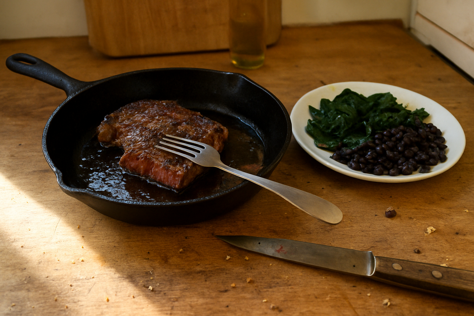 Frigideira com filé de carne bovina pela metade, garfo apoiado sobre ela, ao lado um prato com folhas de espinafre amassadas e feijão, bancada com migalhas e uma faca usada.