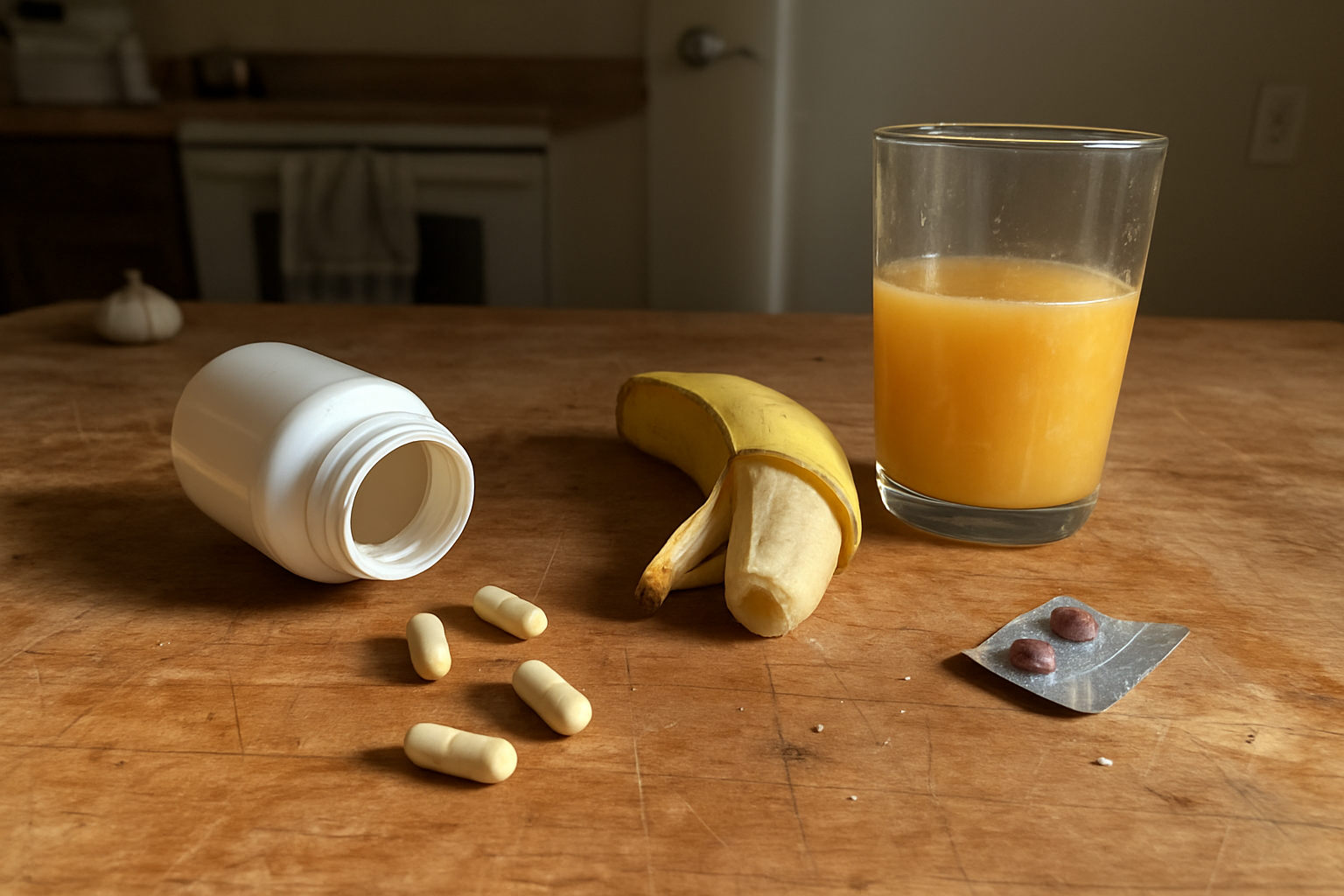 Pote de suplemento de vitamina D aberto com a tampa virada ao lado, comprimidos espalhados na bancada de madeira riscada, ao fundo um copo de suco de laranja com marca de dedo e frutas pela metade.