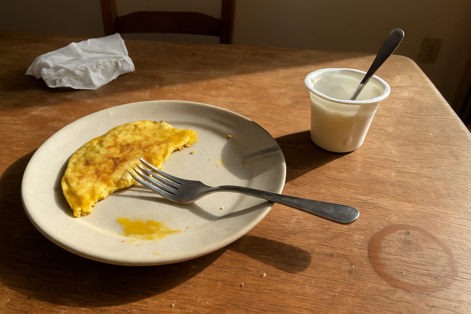 Prato com omelete partido ao meio e garfo apoiado sobre ele, ao lado de um pequeno pote de iogurte aberto com colher dentro, sobre mesa de madeira riscada