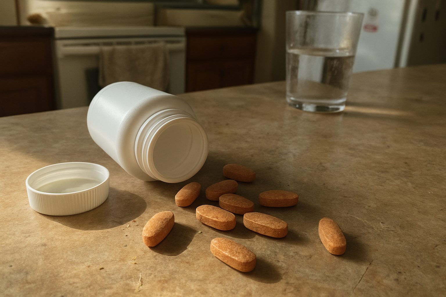 Pote aberto de suplemento multivitamínico com tampa virada ao lado, comprimidos espalhados na bancada da cozinha com migalhas e uma xícara com borra de café