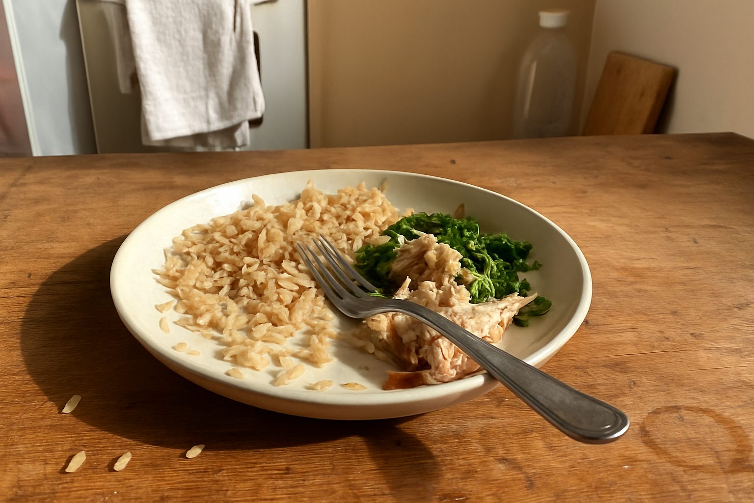 Prato já começado com arroz integral, frango desfiado e vegetais folhosos sobre mesa de madeira com arranhados, garfo apoiado no prato, migalhas espalhadas e copo com marca de dedo ao lado