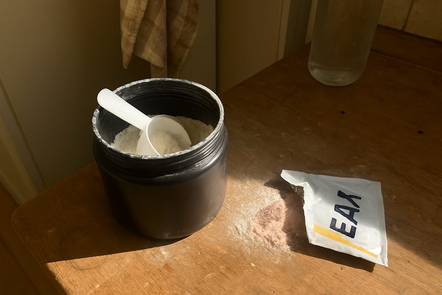 Pote de whey protein aberto com dosador sujo de pó branco apoiado na borda, ao lado de um sachê rasgado de EAA com pó colorido derramado na bancada de madeira arranhada
