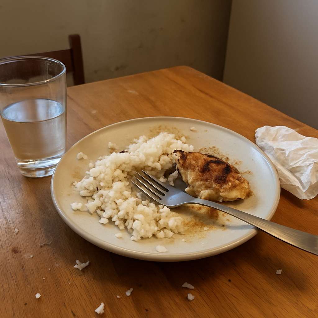 Prato de arroz com frango já pela metade com garfo apoiado sobre a comida, copo de água com marca de dedo ao lado, sobre mesa de madeira com arranhados e uma toalha de papel amassada no canto.