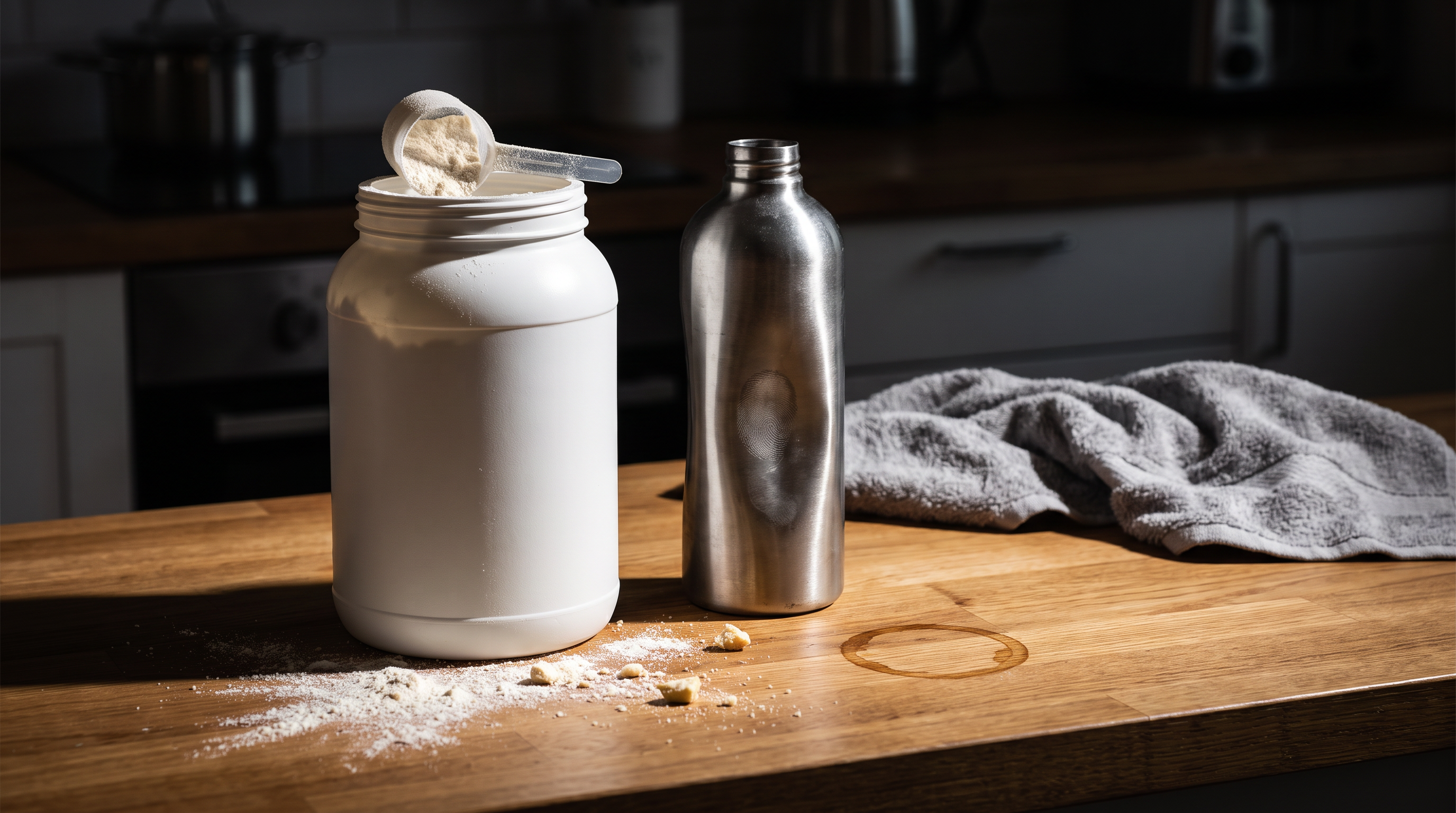 Pote de whey protein aberto com colher suja de pó em cima e proteína espalhada na bancada, ao lado de garrafa d'água amassada com marca de dedo, toalha de academia jogada de qualquer jeito ao fundo, sobre bancada de cozinha doméstica.