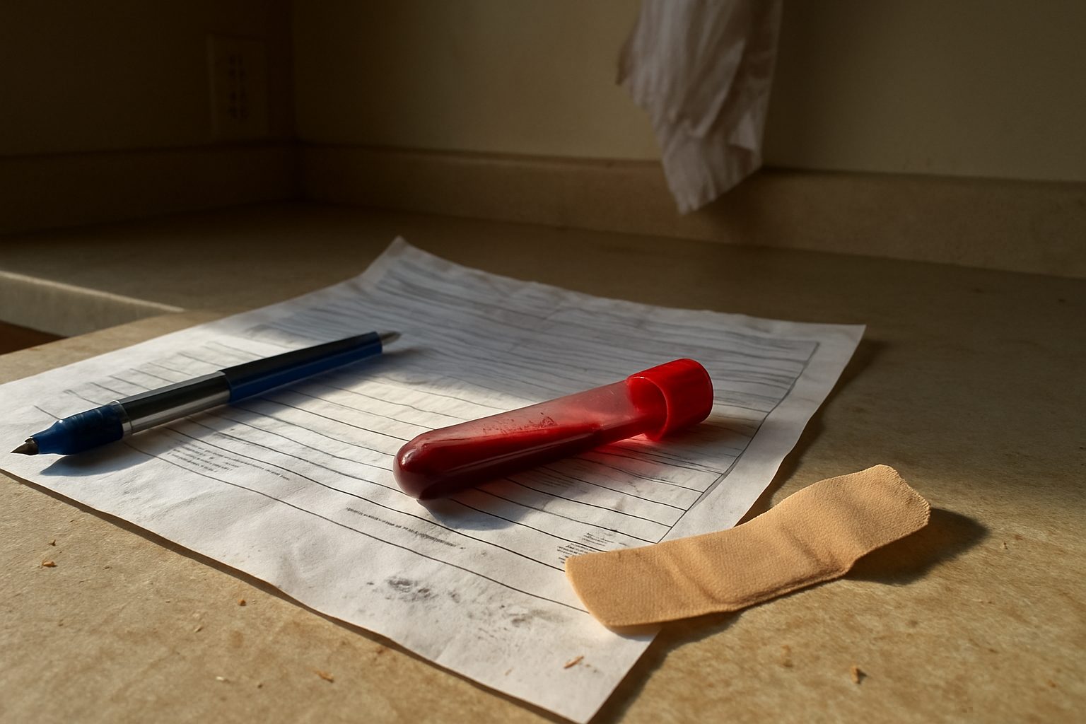 Tubo de coleta de sangue em cima de requisição de exames amassada sobre bancada de madeira riscada, com caneta aberta e tampa virada ao lado